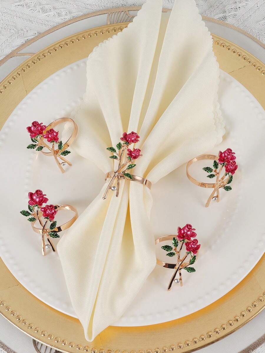 2/4/6 pièces Ronds de serviette roses, Porte-serviettes à double rose, Pinces à serviette de mariage, Porte-serviettes de serviette de dîner