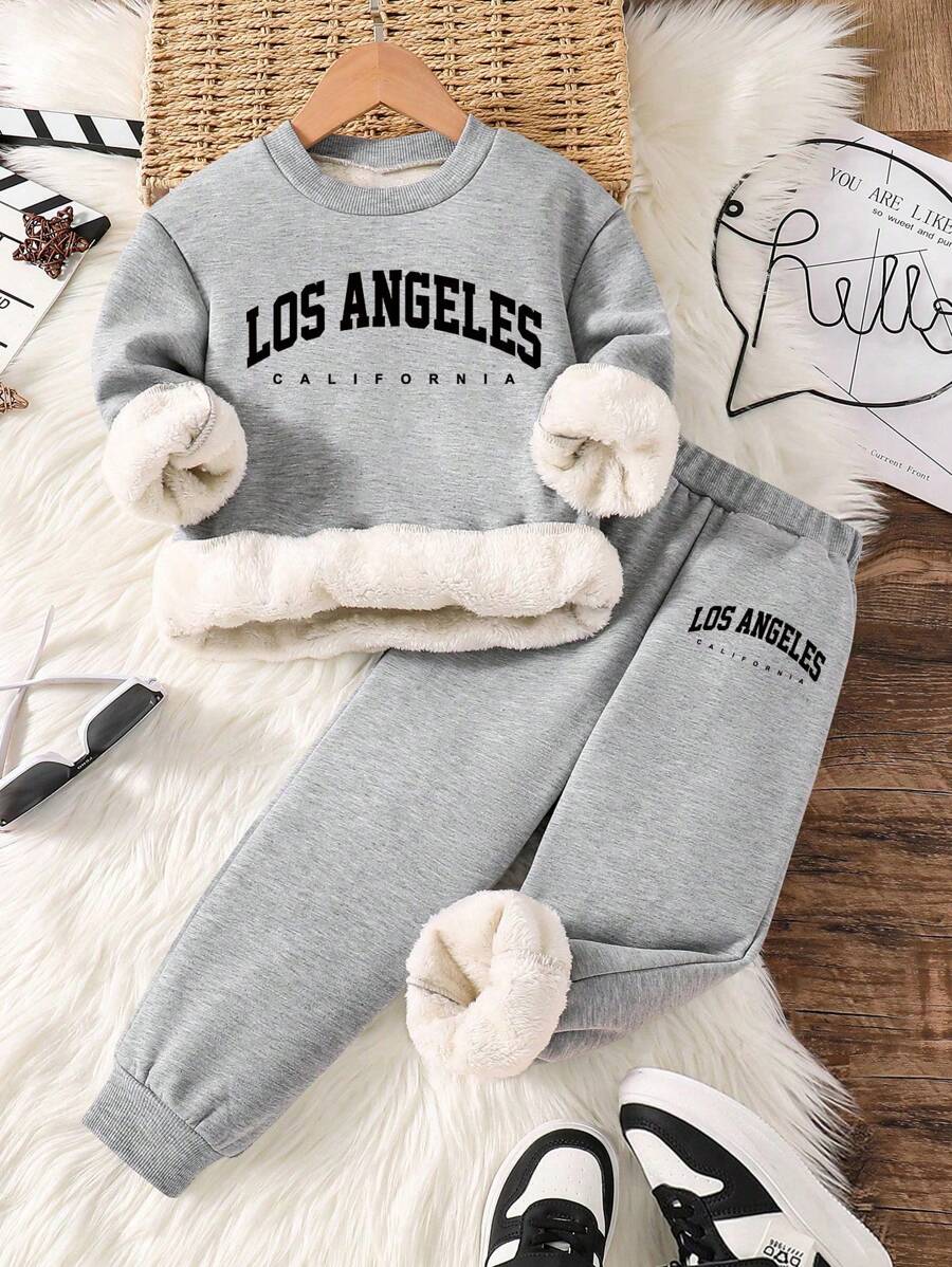 Conjunto de sudadera de cuello redondo cálida con estampado de letras y pantalones deportivos para niños preadolescentes