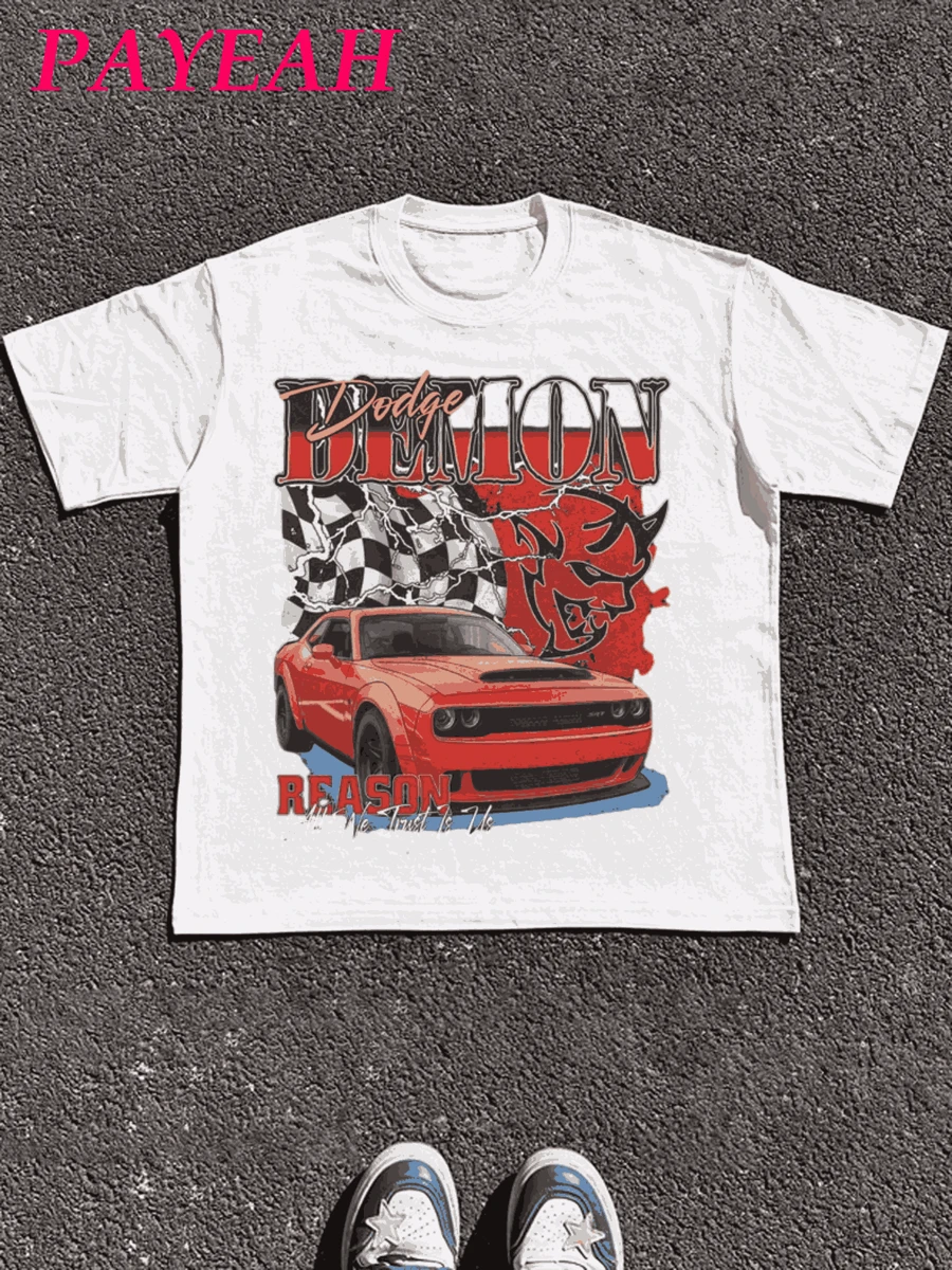 PAYEAH 1 Pcs 100% Cotton DODGE DEMON VINTAGE TEE Graphic Print T Shirt Tops TEE 220g Heavy Cotton T Shirt