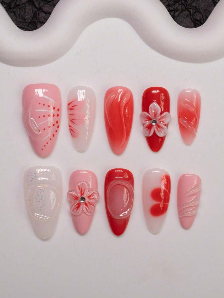 10pcs/Set Handmade Almond-Shaped Nail Patches In Pink, White And Red Tie Dye Colors With Floral, 3D Ripple Patterns - Y2K Girly Style, Suitable For Women & Girls, Ideal For Parties, Dances And Everyday Wear, Includes Tools Kit, Great Gift For Ladies And Girls