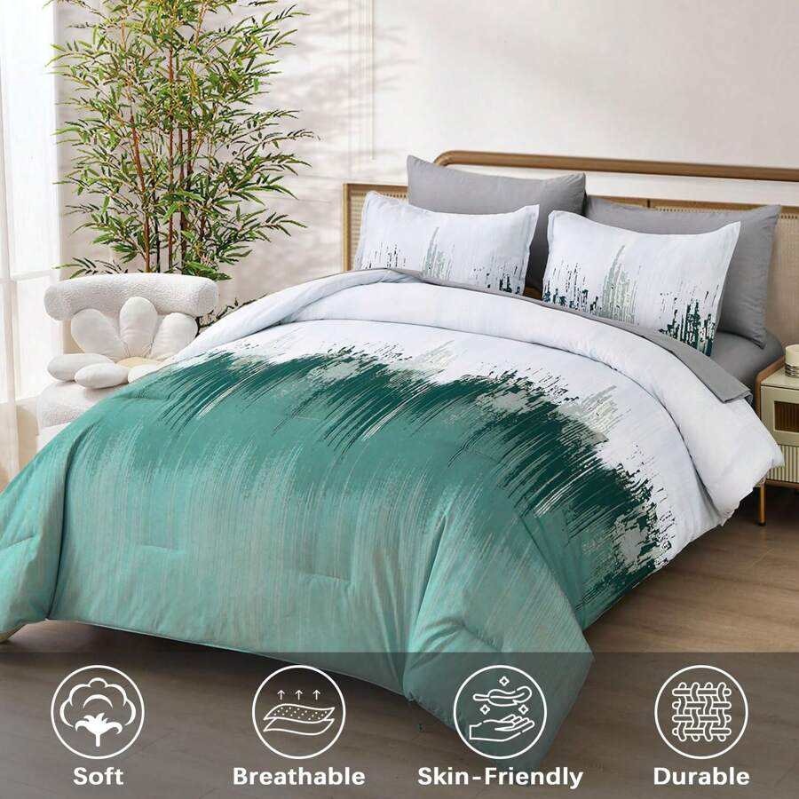 7 Pieces Comforter Set Queen King Aqua Bed In A Bag Abstract Gradient Comforter Dusty Blue Soft Microfiber Bedding Sets With Comforter, Flat Sheet, Fitted Sheet, Pillow Shams,Pillowcases