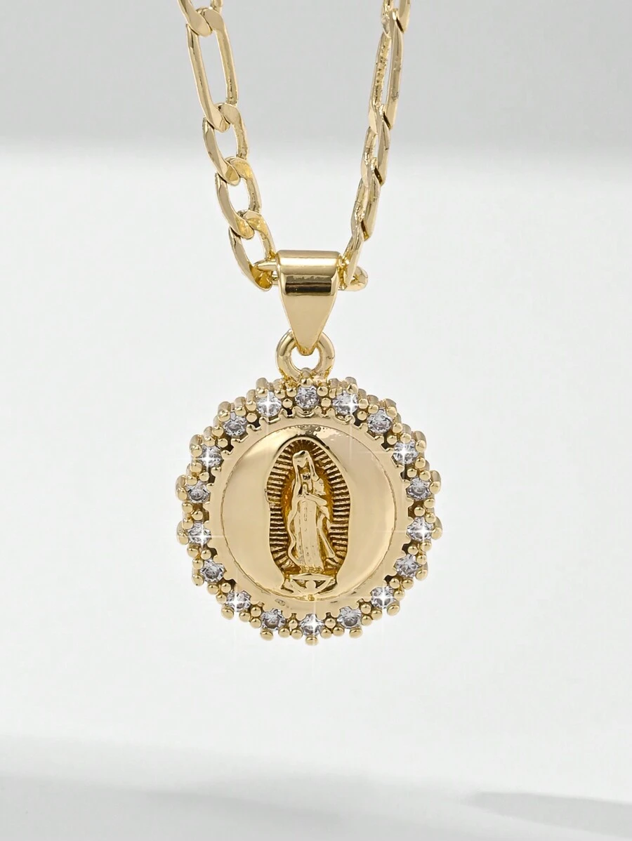 1pc European Style Copper Inlaid Zirconia 14K Gold Virgin Mary Pendant Necklace, Suitable As Mother's/Valentine's Gift, Daily & Festival Wear