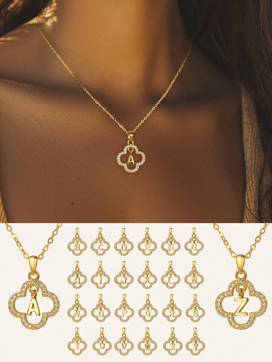 1Pc Elegant 925 Sterling Silver Four Leaf Clover 26 Initial Letters A-Z Pendant Necklace Plated With 18K For Women Daily Wear And Gifts For Girls