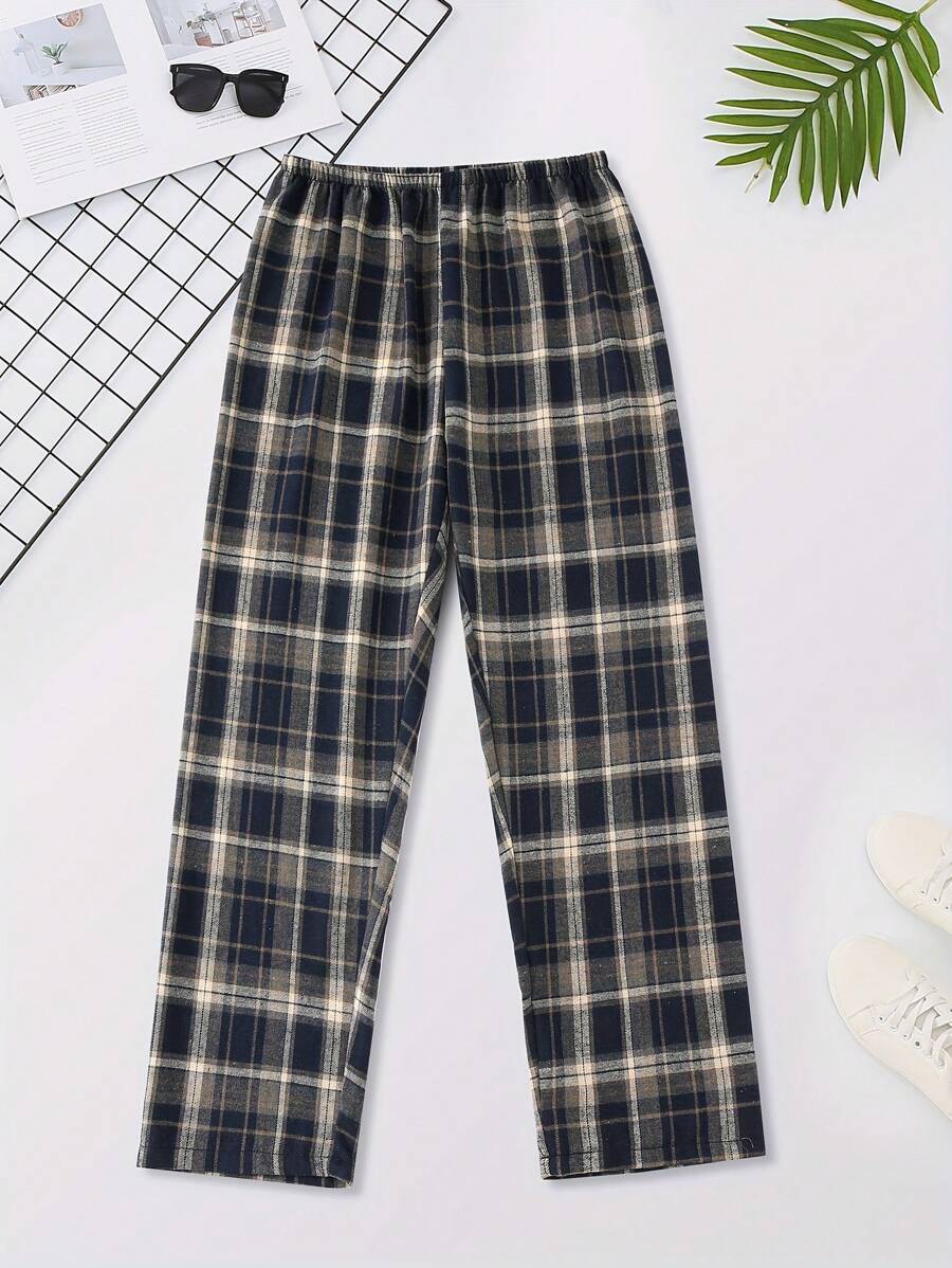 Men's Plaid Casual Thicken Long Pants For Home & Daily Wear, Autumn/Winter