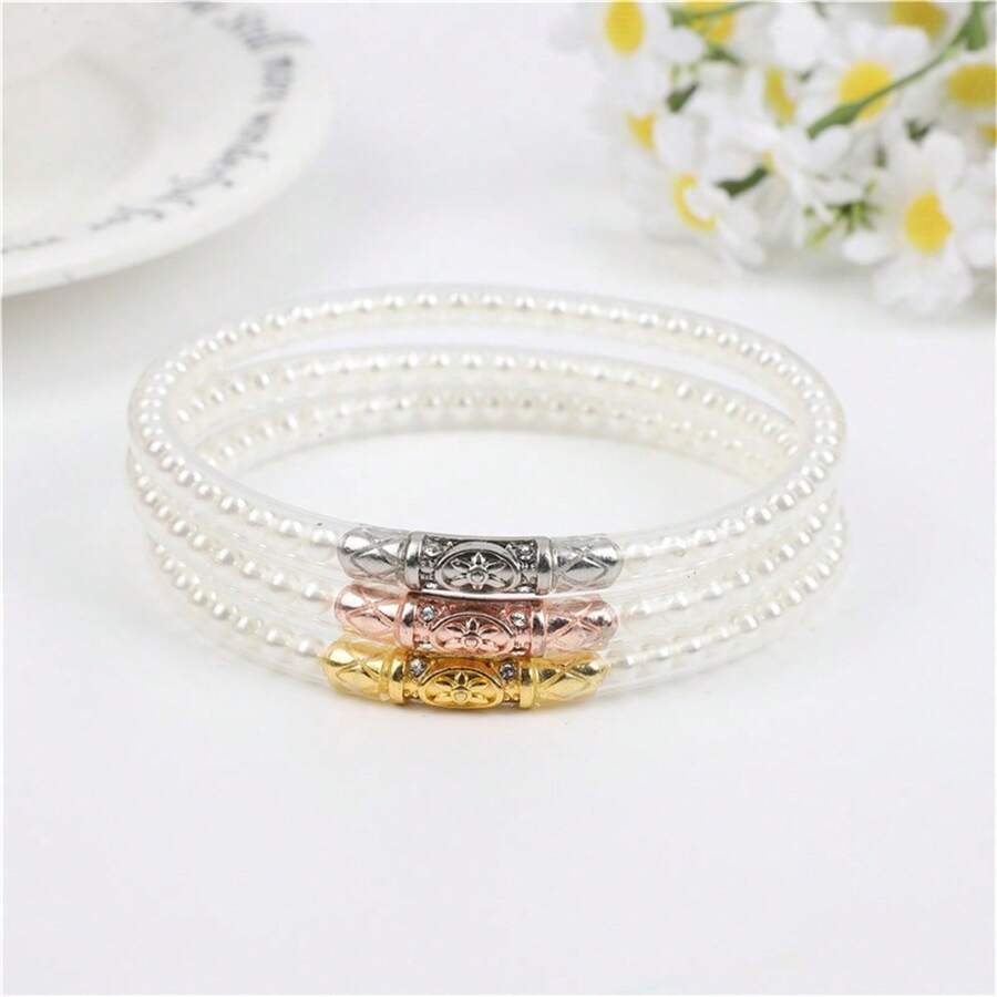 1 Stück elegantes Prinzessinen-Stil transparentes PVC weißes Armband mit Kunstperlen für Frauen, modischer Gelee-Armreif, geeignet für den täglichen Gebrauch
