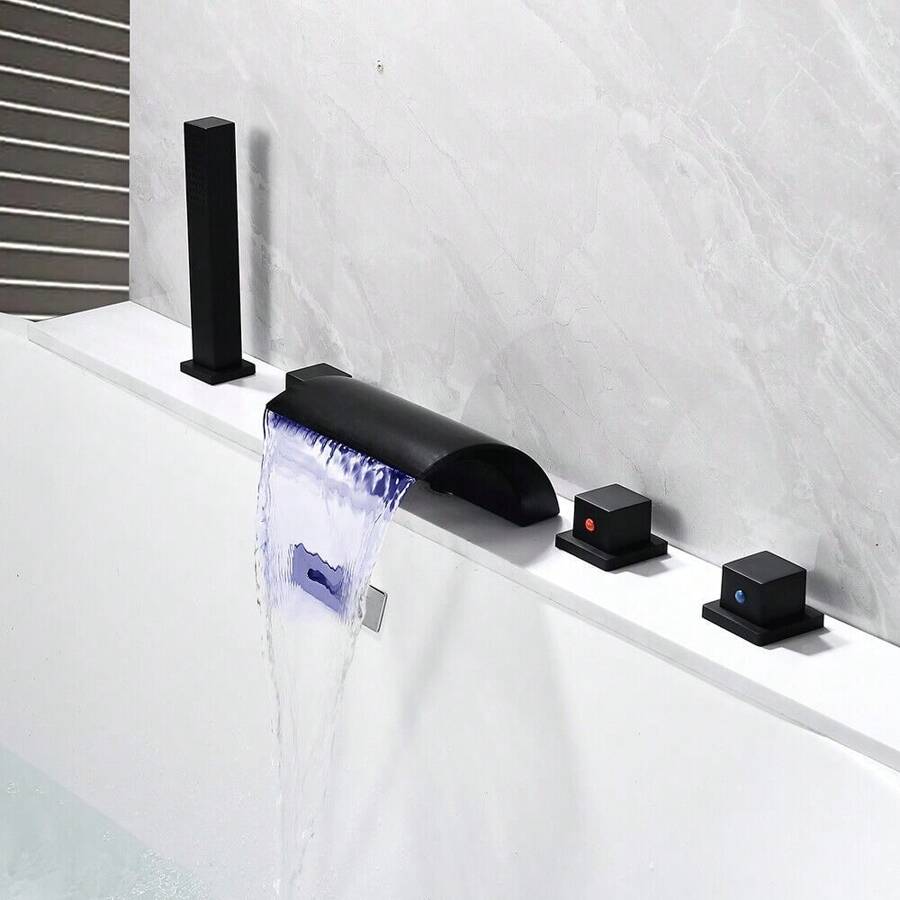 WUPYI WUPYI Rubinetto per vasca da bagno moderno a 5 fori con rubinetto a cascata a LED, set doccia nero