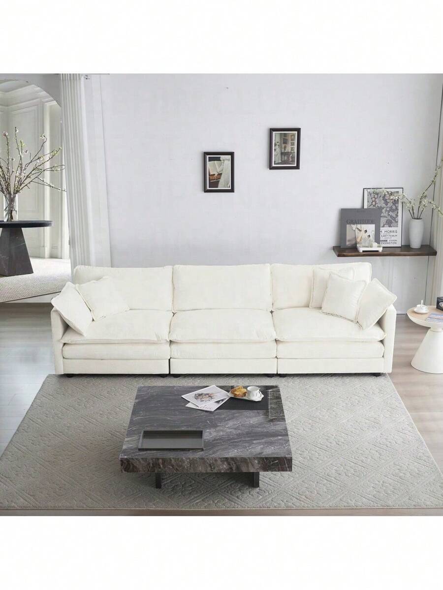 Mid-Century Modern Couch 3-Seater Sofa With 2 Armrest Pillows And 3 Toss Pillows, Couch For Living Room White Chenille,FurniHub