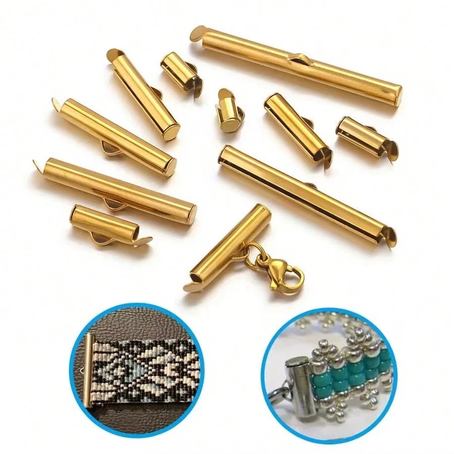 10pcs Stainless Steel Crimp End Beads Slide End Clasp With Chain Buckles Tubes Slider End Caps Connectors DIY Jewelry Accessories