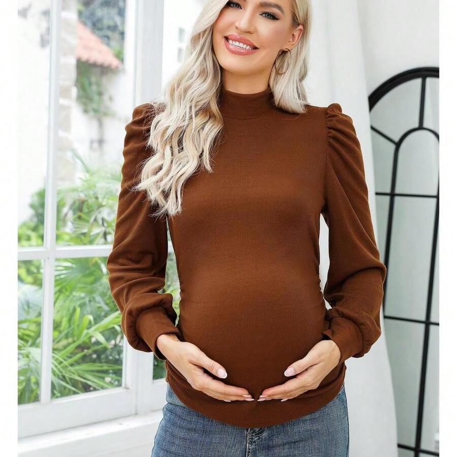 Women's Elegant Knit Ribbed Maternity Pullover With Mock Neck, Long Sleeves, And Bubble Sleeves - Perfect For Work, Baby Showers, And All Stages Of Pregnancy