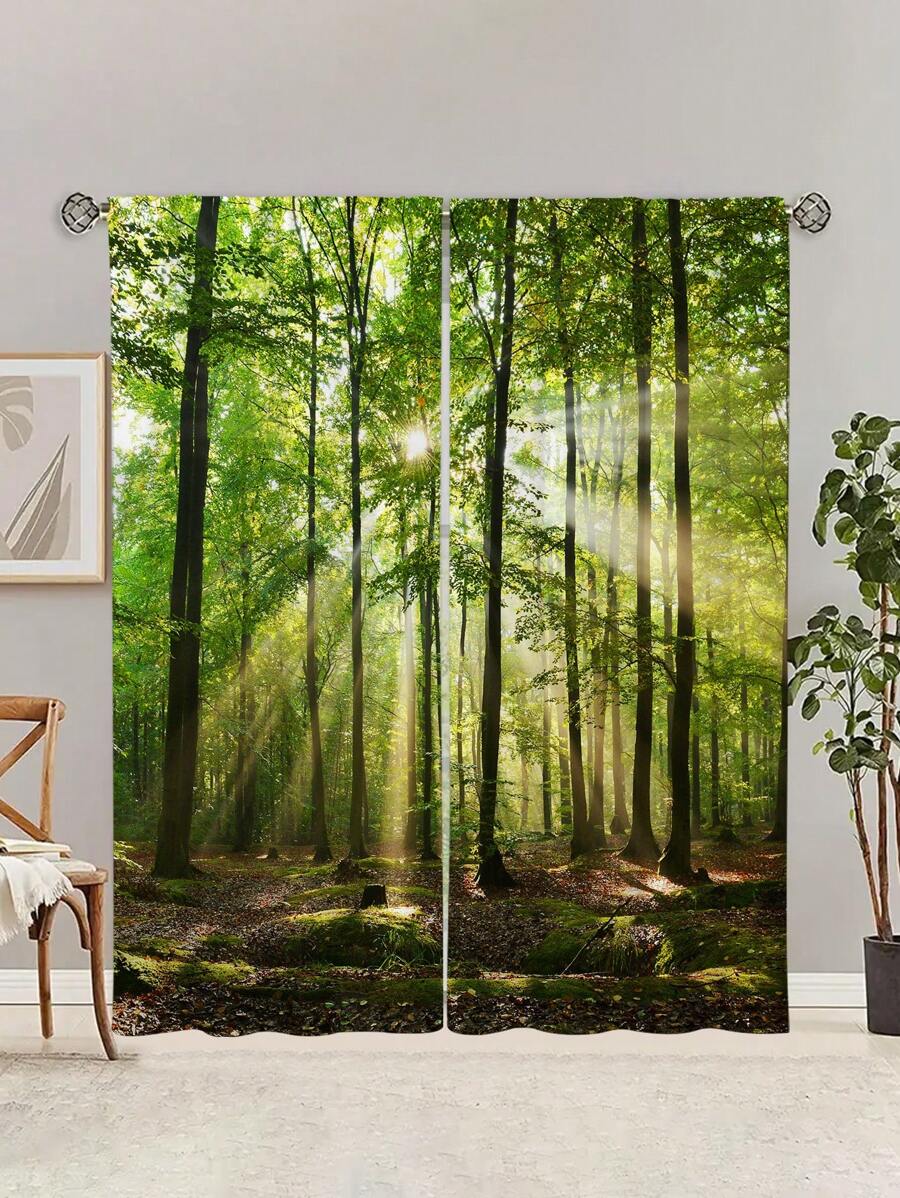 2pcs Forest Sunshine Curtains,Without Holes Curtain, Refer To Bedroom Office Kitchen Living Room Study Home Decor