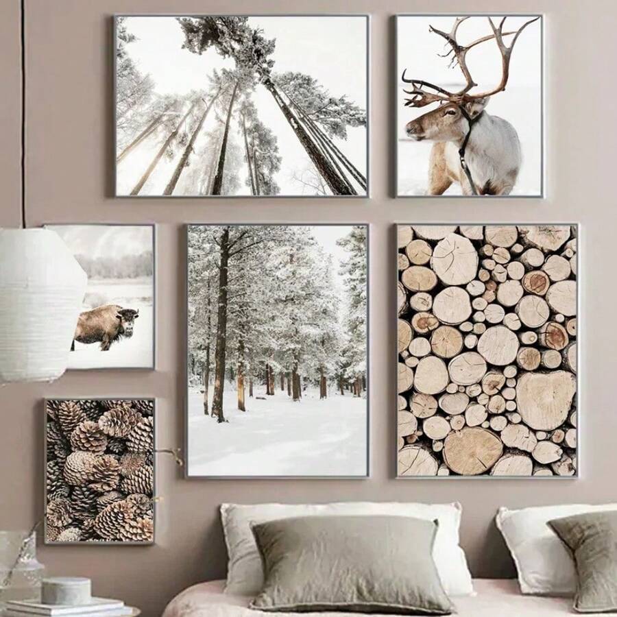1 pièce Tableau de paysage d'hiver sur canevas, peinture murale Cerf, Animaux, Forêt de pins, Affiche et imprimé pour la décoration moderne du salon sans cadre