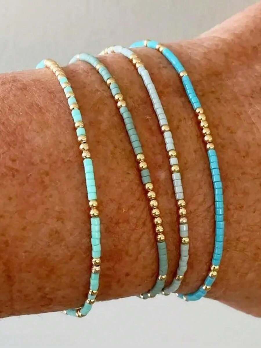 4 peças/Conjunto de Pulseiras Elásticas de Contas de Semente de Turquesa, Pulseiras Artesanais de Contas de Vidro Douradas Boho para Meninas, Joias de Férias (Contas Aleatoriamente Misturadas)