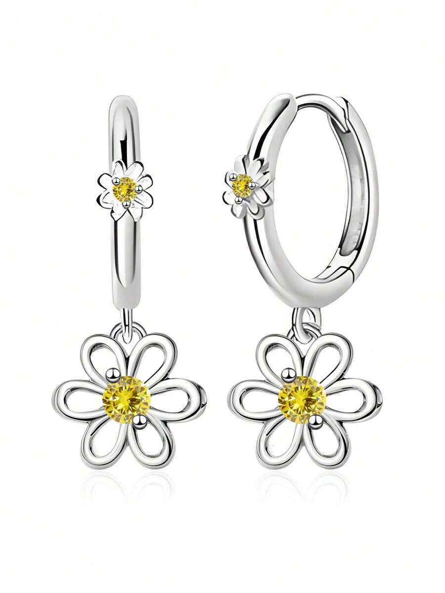 Orecchini a cerchio con pendente a fiore in zirconia cubica d'argento, ipoallergenici per donna, adatti per uso quotidiano e come regalo di compleanno o per San Valentino