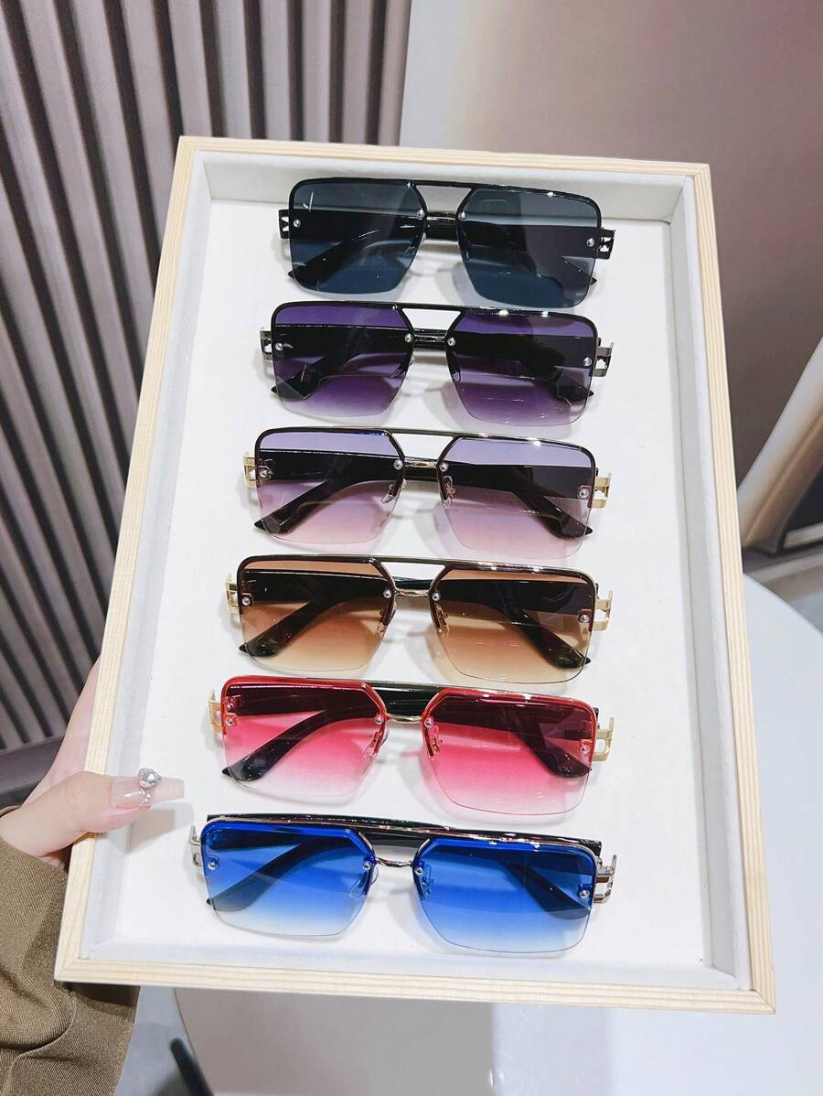 6pcs/1 Set Plastic Square Semi-Rimless Glasses, Retro Style Glasses For Women, Perfect For Photos Shoots Or Travel