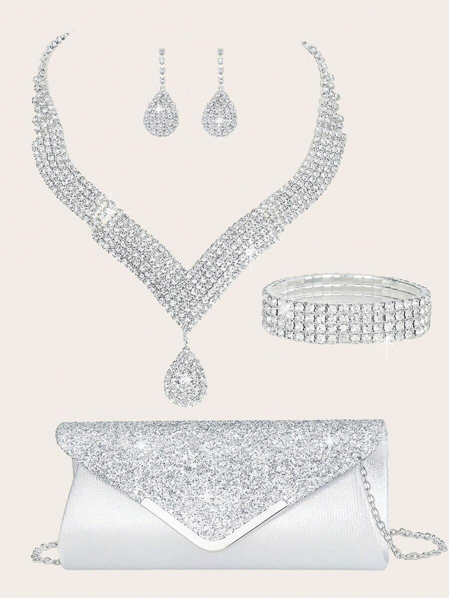 Women's Silver Rhinestone Necklace Evening Wear Metal Chain Bag 4 Pieces Women's Rhinestone Evening Wear Clutch Bag, Bridal Wedding Necklace Pendant Flash Wallet, Suitable For Party, Wedding, Ball, Dinner/Banquet, Wedding Dress, Formal Dress, Prom Dress, Birthday Dress, Party Dress