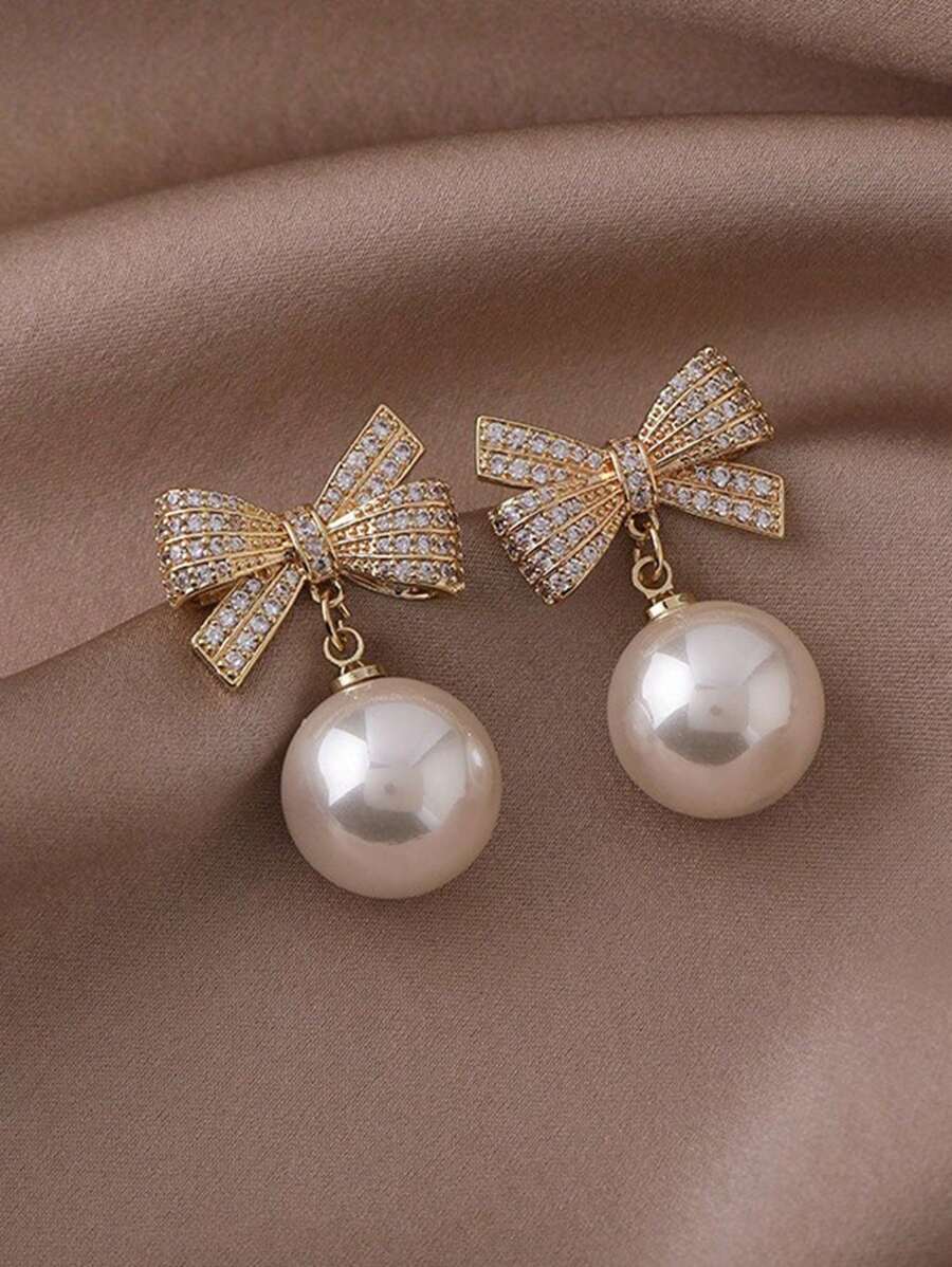 1 pereche de cercei cu perle artificiale cu fundă din aliaj pentru femei, potriviti pentru Crăciun, petrecerea de Anul Nou de Valentine