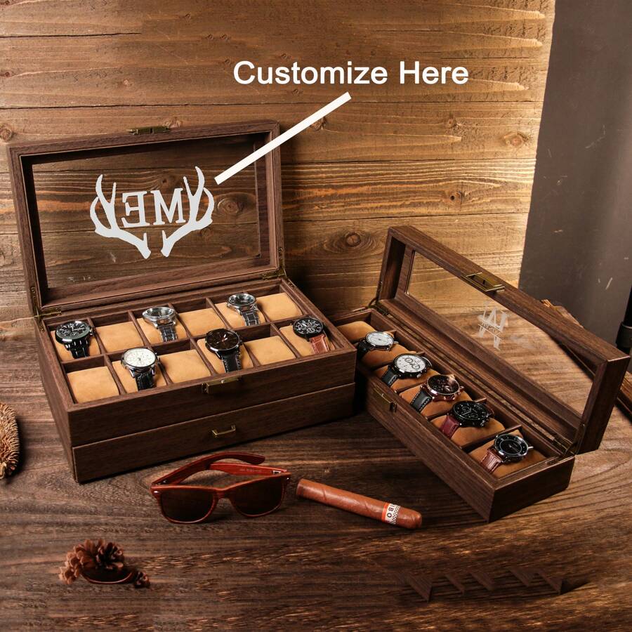 Personalized Men's Watch Box | With Drawer Watch Display Case For 3 6 12 Watches |Men Watch Box|Anniversary For Him Personalized Brown Watch Box For 3 6 10 Slot Watches, Watch Storage, Husband's Gift For Her, Friends, Workers For Anniversaries, For Valentine's Day Mother's Day Birthdays Children's Day Graduation Weddings Father's Day Housewarming School, Home, Office Back To School