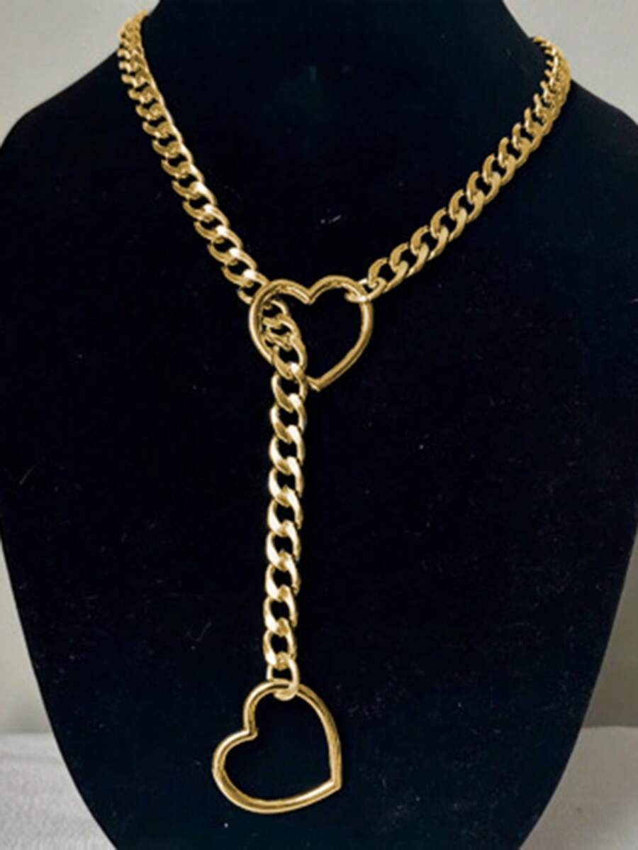 1pc Valentine's Day Punk Style Hollow Heart Chain Necklace, Alloy Gold-Tone Jewelry Gift Suitable For Casual, Party Wear Valentines