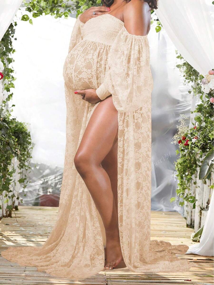Robe de grossesse en dentelle à manches lanternes, fente élevée, robe de photographie à encolure en V et épaules dénudées pour séance photo