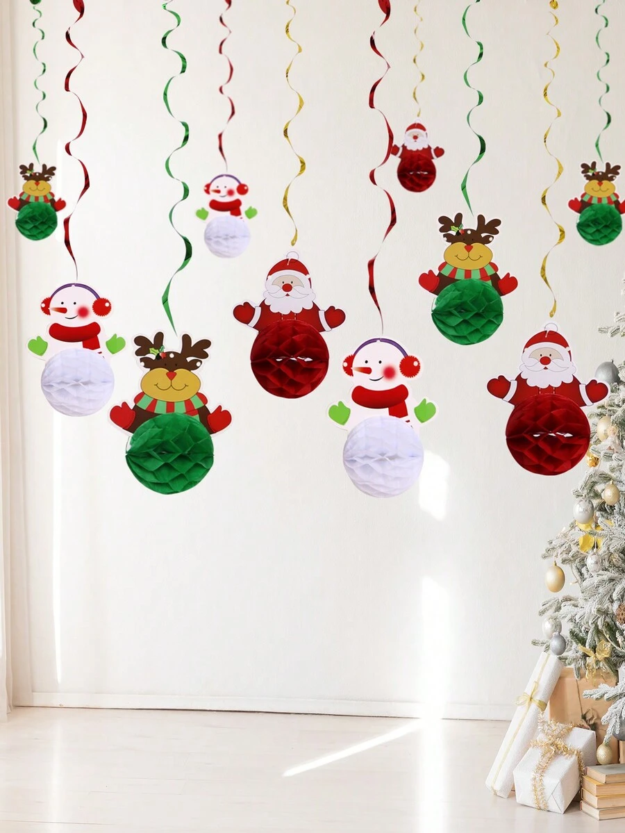 Juego de 6 adornos decorativos colgantes en espiral de panal de abeja para manualidades navideñas, hechos de material de panal de papel, diseñados con patrones de Papá Noel, renos y muñecos de nieve, adecuados para fiestas navideñas, decoración de tiendas y decoraciones para fiestas en el hogar