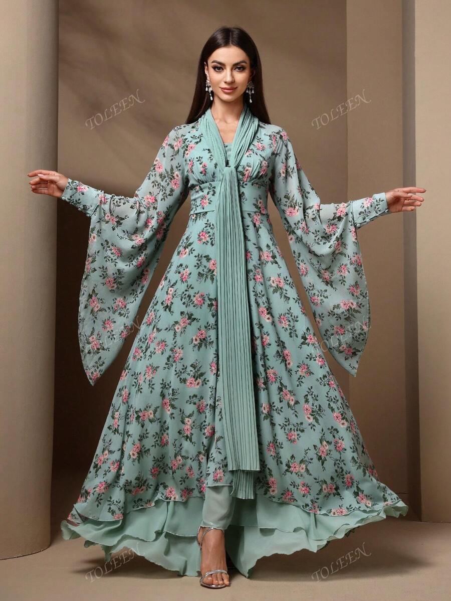 Women's Elegant Floral Print Waist Cinching Dress, Autumn