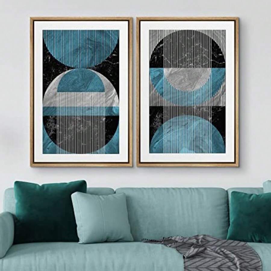 2 Pieces Framed Wall Art - Marble Line & Circle Collage Pattern Canvas Prints Set - Mid-Century Abstract Plants Geometric Modern Art Minimalist Zen Clam / Relax Artwork For Room Decor - Ready To Hang