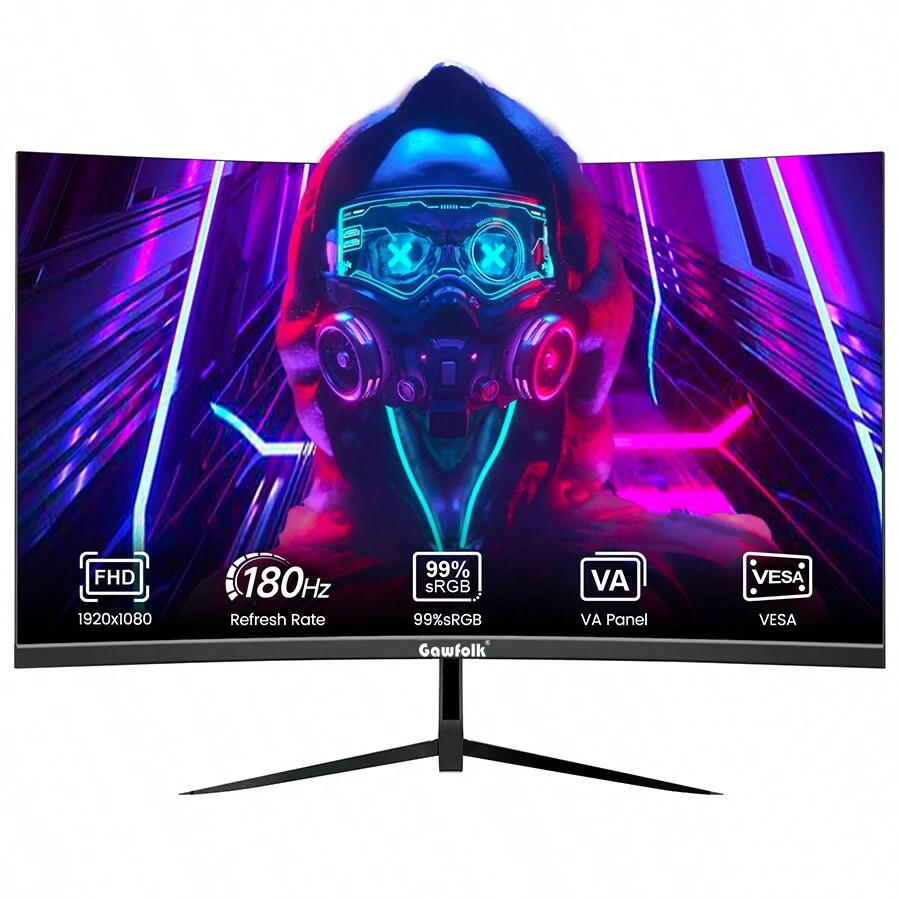 GAWFOLK Gawfolk 27 Zoll Curved Gaming Monitor 180Hz, PC Bildschirm Full HD 1080P, Rahmenloses 3000R Computerbildschirm Mit FreeSync Und Eye Care Technologie, Unterstützt VESA