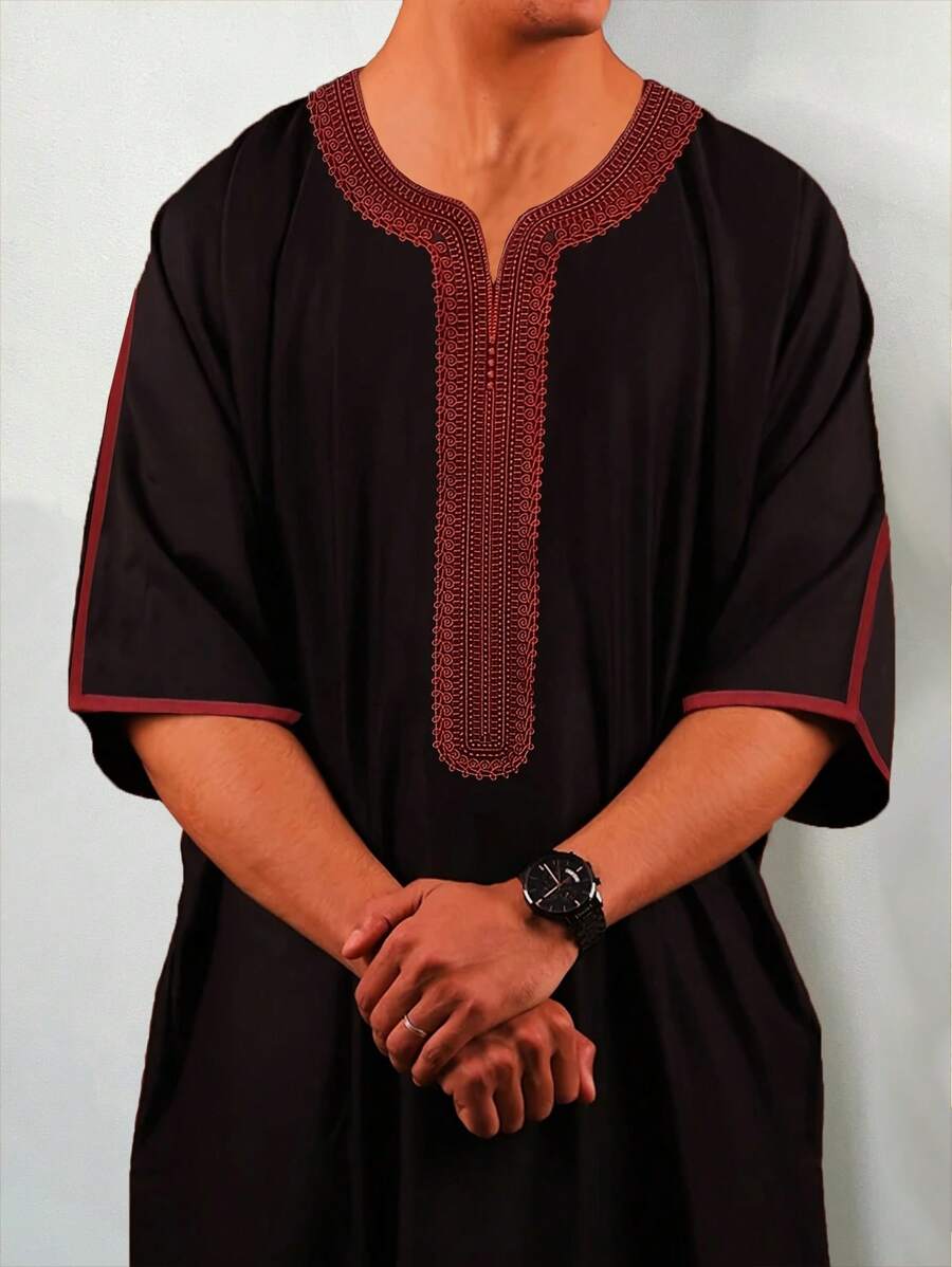 1pc Men's Moroccan Traditional Red Floral Embroidered Robe, Black Background, Soft Polyester Fabric, Comfortable And Loose Casual Wear