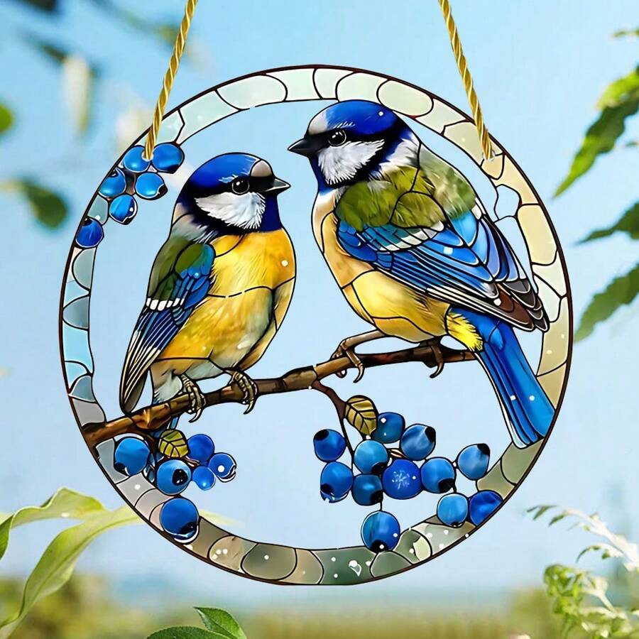 1pc Elegant Blue Titmouse Catcher, 2D Colored Glass Style Acrylic Window Hanging Decor, Circular Home And Garden Ornament, Ideal Birthday Gift For Nature Lovers, Pre-Drilled Weather-Resistant Decoration