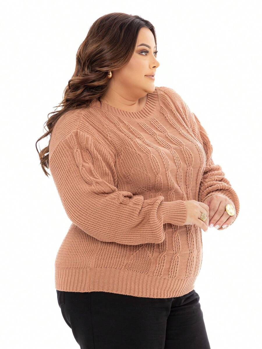 Blusa Tricot Plus Size Basica Gola Redonda Tranças Feminina Fang