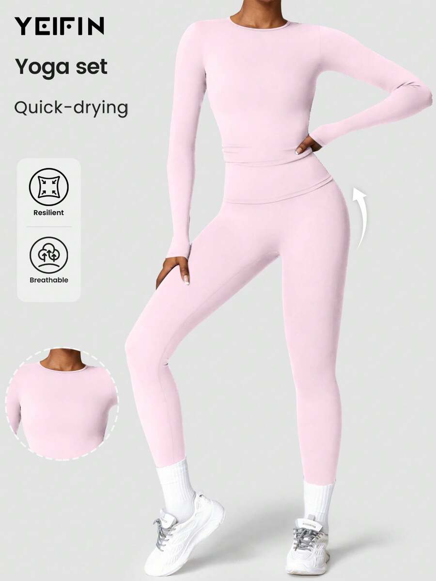 YEIFIN Conjunto de dos piezas de invierno para mujer, camiseta de manga larga lisa y leggings, conjunto de chándal, top deportivo de cuello redondo y pantalones ajustados para yoga, entrenamiento en el gimnasio, ropa deportiva de primavera/verano para mujer
