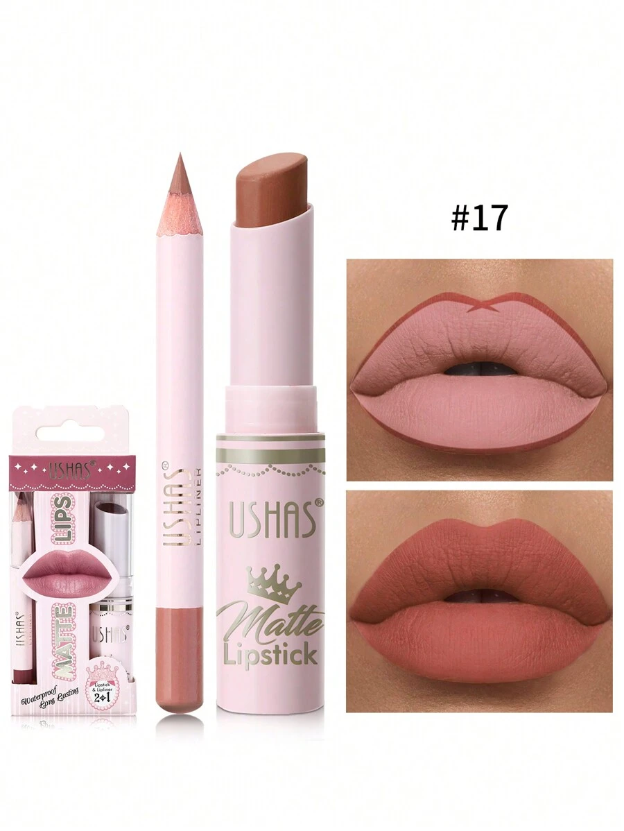 Ushas, 1 Set, Lápices labiales mate nude de larga duración con delineador de labios - Resistente al agua, 12 tonos, cosméticos esenciales para uso diario, para todo tipo de piel - Cuidado de labios de larga duración, hidratante y nutritivo para mujeres