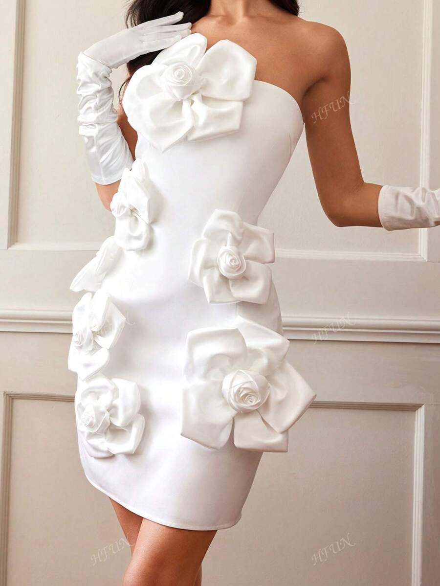 Romantic Floral Embellished Backless Bustier Dress, Elegant French Style, Suitable For Valentine's Day, Spring/Summer, Party Dress, Wedding Guest Dress, Prom Dress