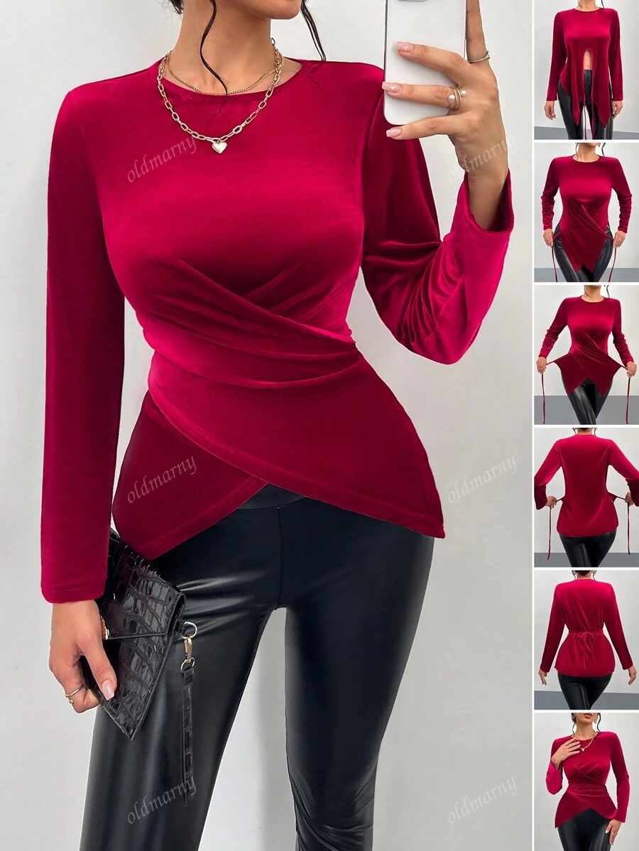 Nieuw herfst- en wintershirt met lange mouwen en bordeauxrode fluwelen kruiszoom, geschikt voor dagelijks gebruik, woon-werkverkeer, feesten, een veelzijdig shirt