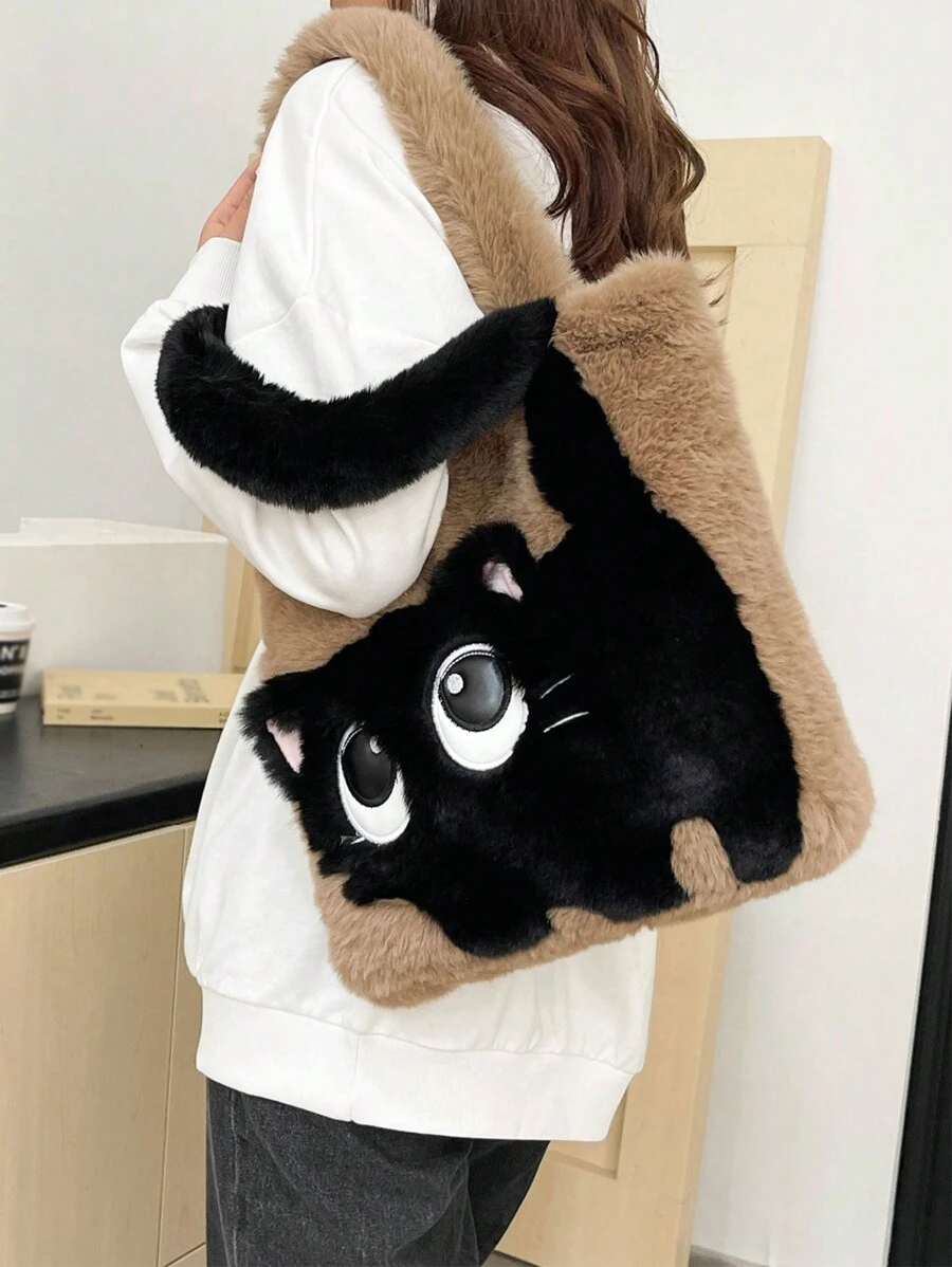 Fashion Cute Cat Pattern Shoulder Bag, Autumn Winter Plush Tote Bag, Cartoon Color Contrast Large Capacity Diagonal Crossbody Bag