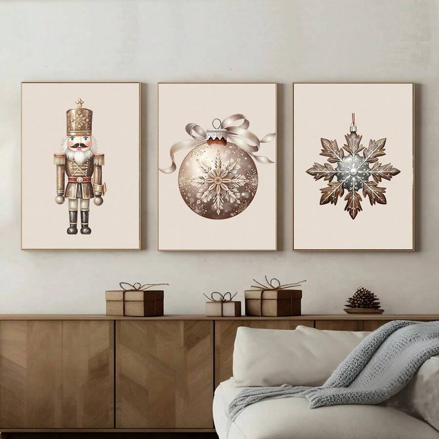 Set Of 3 Unframed Christmas Ornaments Nutcracker Nordic Art Retro Poster Xmas Festival Rustic Canvas Painting Print Farmhouse Decor Wall Picture For Dorm,Apartment,Living Room,Bedroom,Modern Home Decoration
