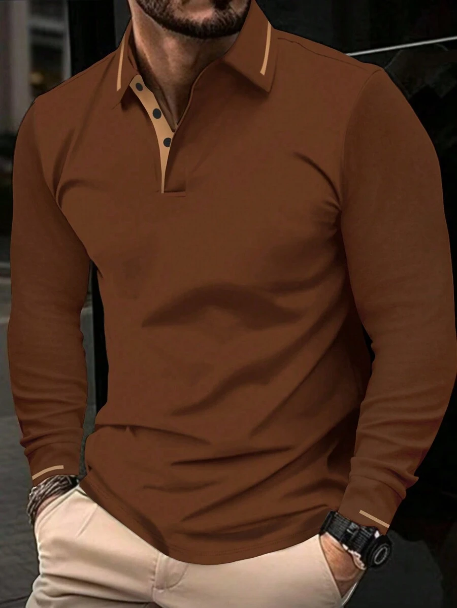 1pc Men's Casual Quarter Button Long Sleeve Polo Shirt, Suitable For Spring And Autumn, For Golf
