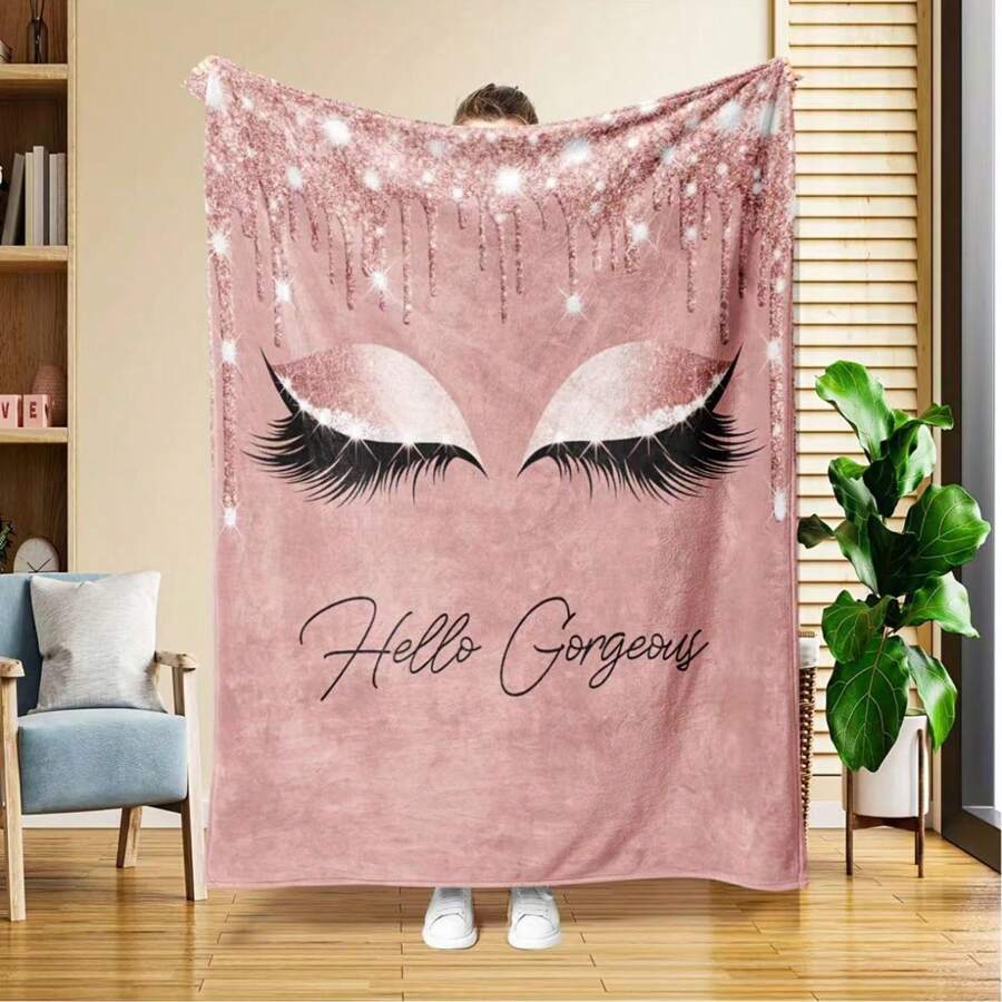 1pc Cute Makeup Art Lash Pattern Plush Throw Blanket, Soft Flannel Blanket For Sofa/Bed, Autumn Blanket, Fuzzy Blanket, Bedding, Sofa Cover, Soft Blanket, Personalized Blanket, Great For Thanksgiving, Valentine's Day Gifts