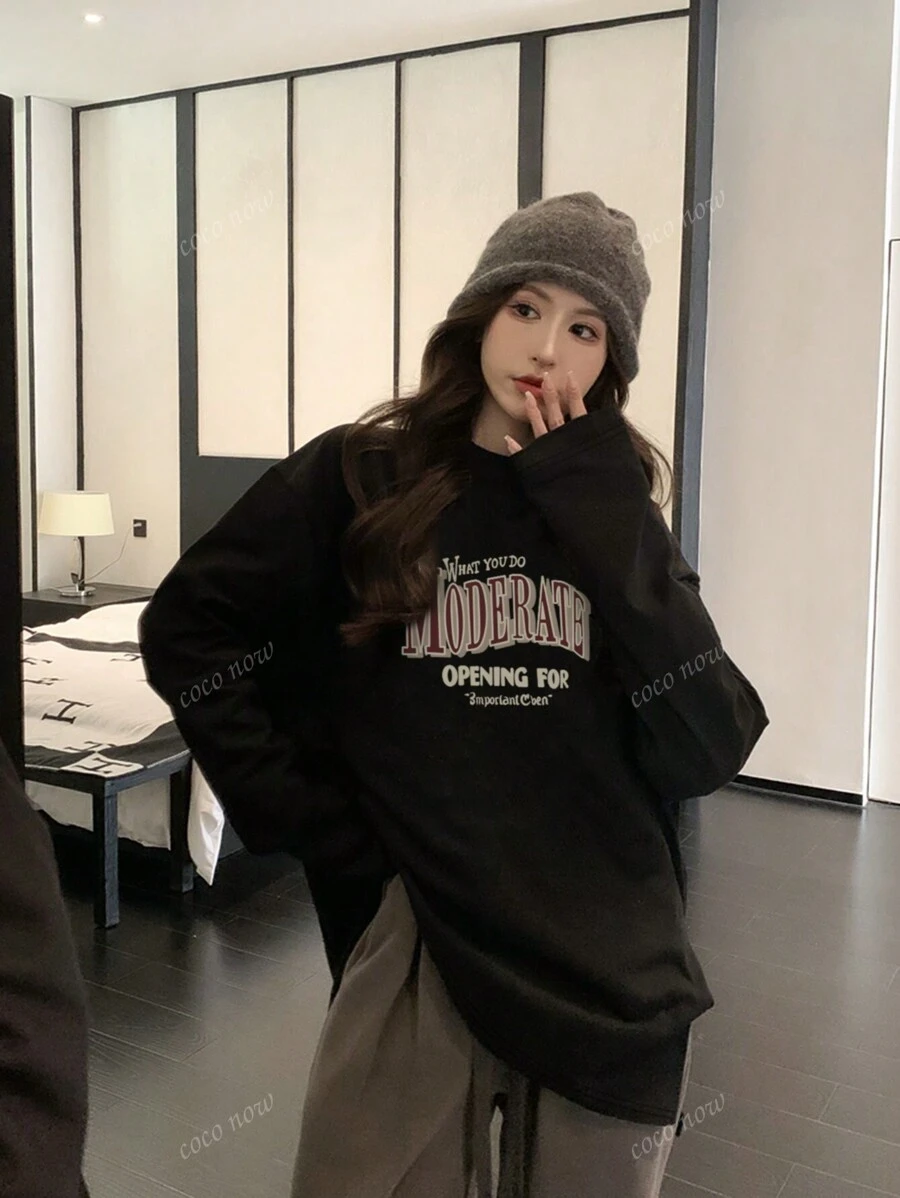 Women's Round Neck Letter Print Casual Versatile Cute-Chic Oversized Long Sleeve T-Shirt, Autumn/Winter
