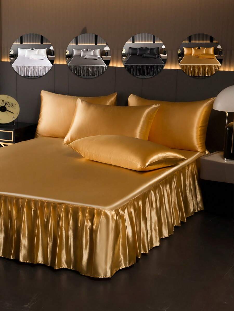 1pc Satin Bed Skirt, Bedding, Solid Color Skin-Friendly Breathable Bed Skirt, Luxurious Soft Ruffled Silk Bedskirt Without Pillowcase, Wrap Around Dust Ruffle, Fit Twin Full Queen King Size Bed, Machine Washable, Ideal Easter Gift, For Mother's Day Gift, Perfect Holiday Gift,