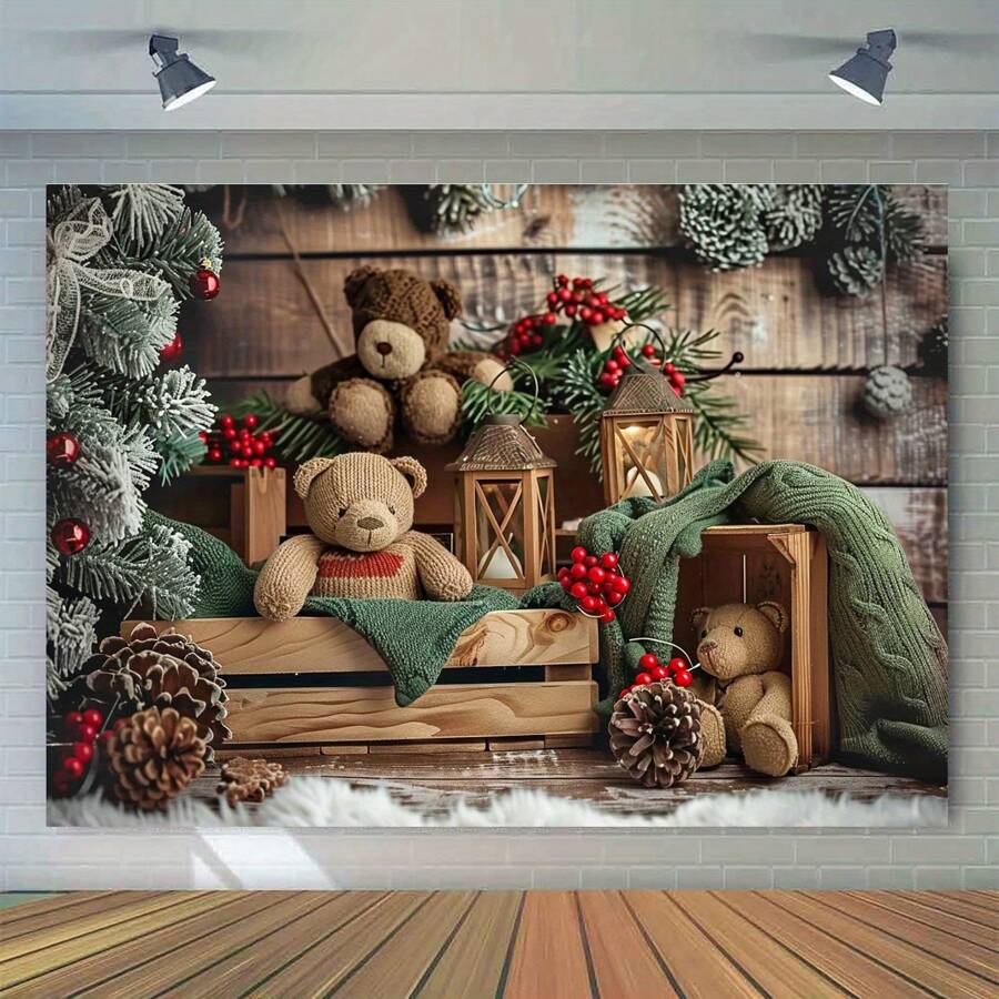 1 pièce, Décor mural pour la fête de Noël et du Nouvel An, mur en bois rural, ours en peluche, feuilles vertes de vacances, pommes de pin et baies rouges, polyester, bannière polyvalente, convient pour une utilisation intérieure et extérieure, accessoires photo pour célébrations de vacances