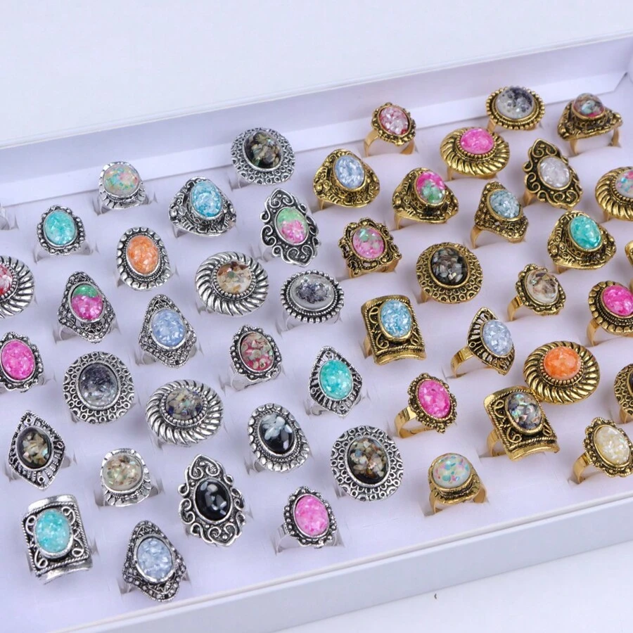 Paquete de 10 anillos de piedra natural vintage y ajustables, adecuados para joyería diaria de mujer, fiestas y regalos