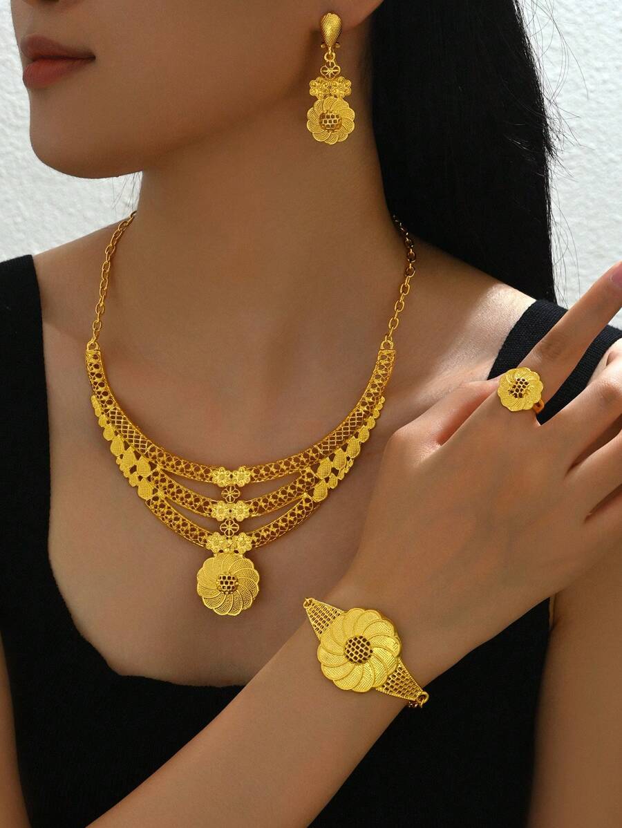 5 pièces Parure de bijoux de style Dubai Luxe : boucles d'oreilles, collier, bracelet, bague en forme d'étoile dorée et de goutte d'eau pour femmes. Accessoires de mode européenne et américaine pour fêtes et banquets. Convient pour assister à des banquets, festivals et fêtes.