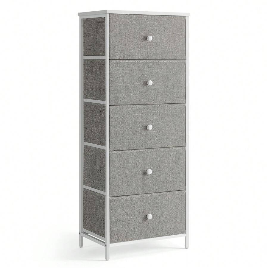 SONGMICS Commode, Meuble de Rangement pour Chambre, Colonne de Rangement en Tissu avec 5 Tiroirs, Cadre en Métal, Gris Tourterelle et Blanc Crème