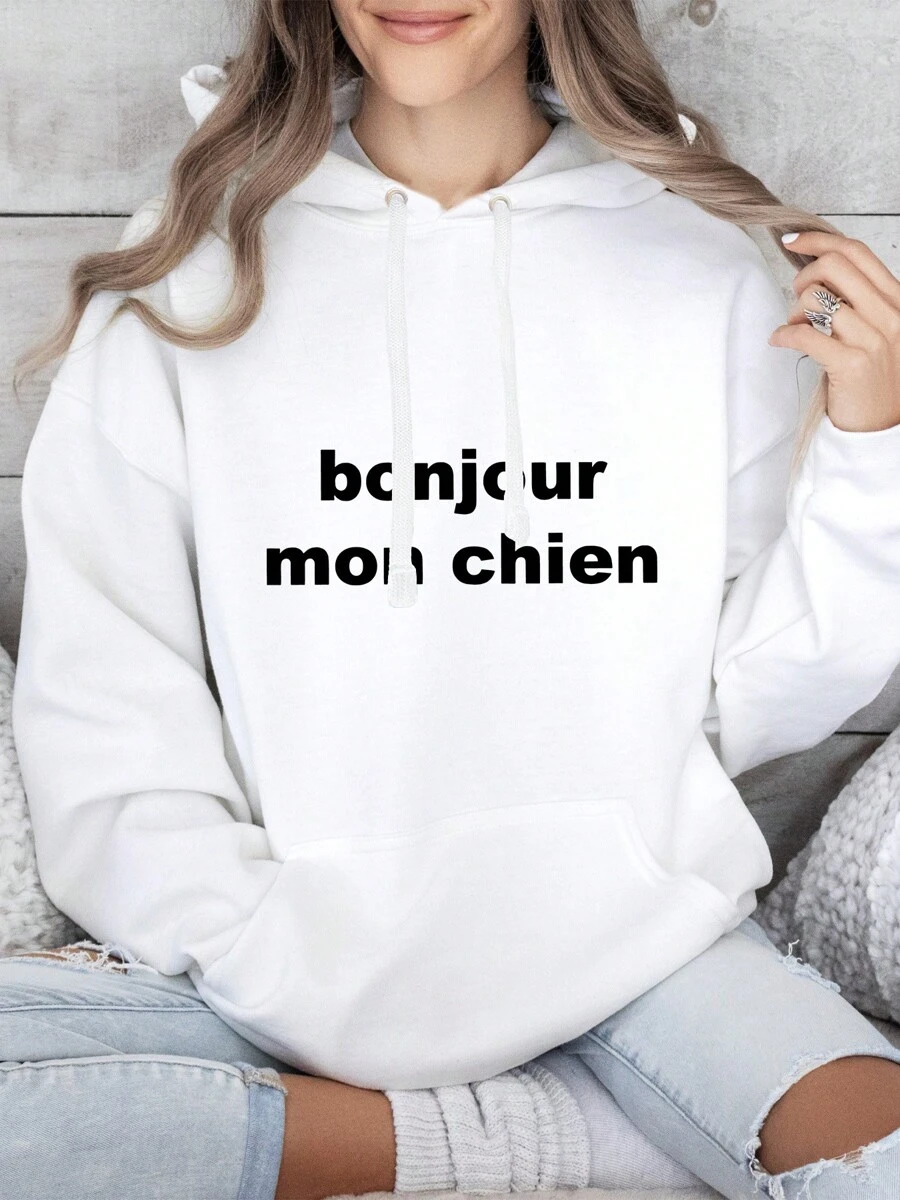 Oversized Style For Women, Bonjour Mon Chien Hoodie For Playful And Fun Vibes Unique Graphic Sweatshirt Comfortable Fit With Plus Sizes Great For Everyday Wear, A Double-Layer Hood Hoodie, Fleece Lining For Excellent Warmth