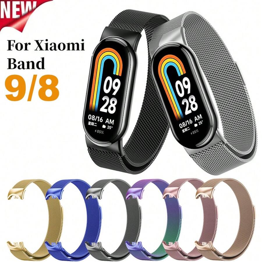 Pulseira de Malha Milanesa Compatível com Xiaomi Mi Band 9/8, Pulseira de Relógio de Metal Magnética em Aço Inoxidável para Substituição da Pulseira Mi Band 8/9