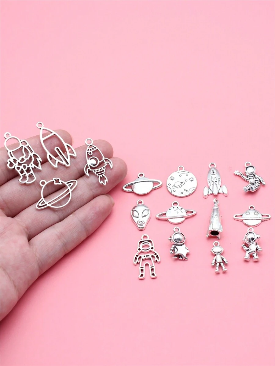 16pcs Antique Silver Color Astronaut Spaceman Rocket Alien Cosmic Planet Charms Collection For Diy Jewelry Making, 16 Styles, 1 Of Each
