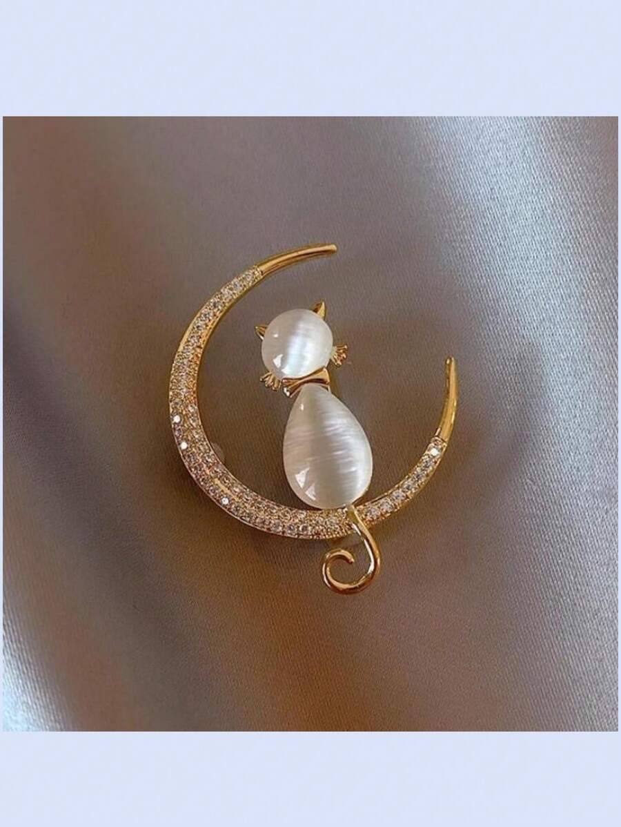 1 pièce Broche en alliage de zinc avec pierre œil de chat, lune et chaton. Accessoire mignon pour toutes les saisons à épingler sur les vêtements, sacs, sacs à dos pour l'école
