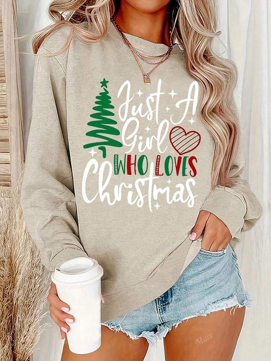 Christmas Slogan & Christmas Tree Print Crew Neck Long Sleeve Sweatshirt