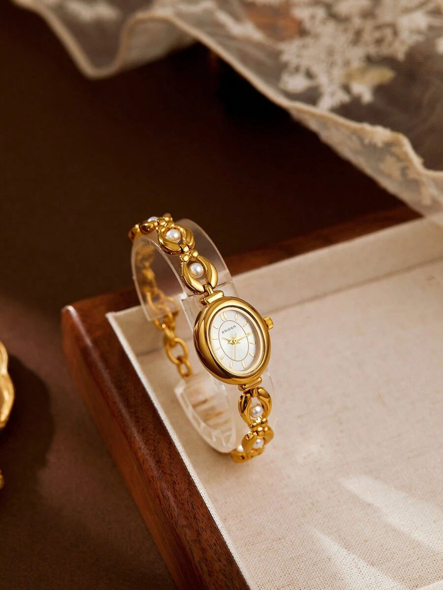 1pc Women's Gold French Retro Pearl Design Casual Watch, Suitable For Social Gatherings, Party Attendance, Daily Wear, Holiday Gift